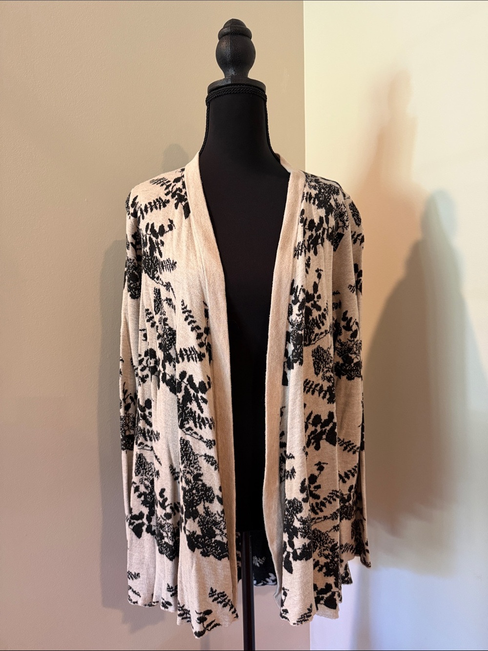 Belldini Beige and Black Botanical Open-Front Cardigan